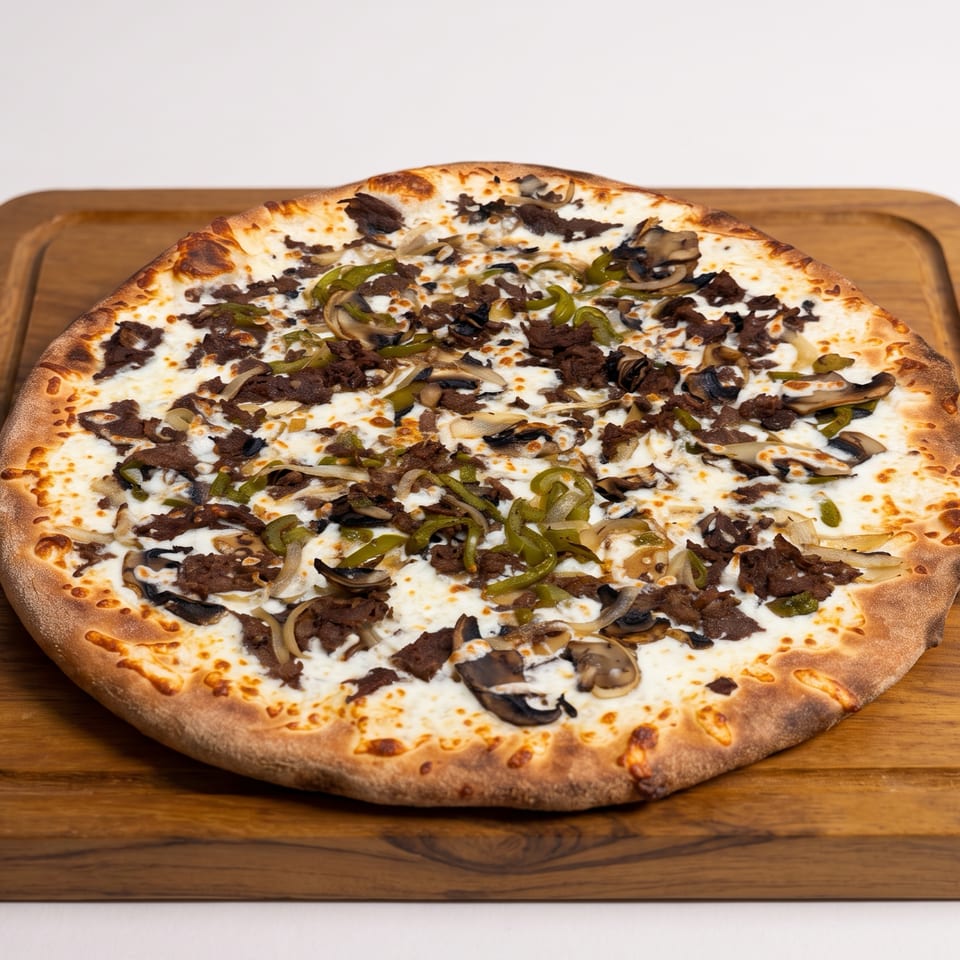 Cheesy pizza topped with sliced mushrooms, green peppers, onions, and seasoned meat on a wooden serving board.