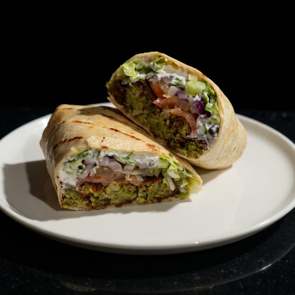 Two falafel wraps cut open to reveal lettuce, tomatoes, onions, and creamy sauce on a white plate.