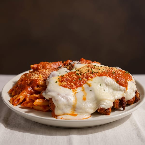 Chicken parmesan with melted mozzarella, marinara sauce, and penne pasta on a white plate.