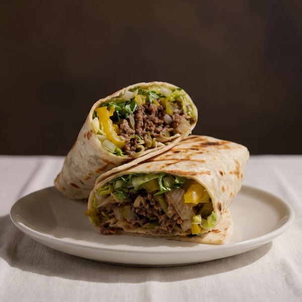 Two grilled beef burritos filled with lettuce, peppers, onions, and cheese sit on a white plate.