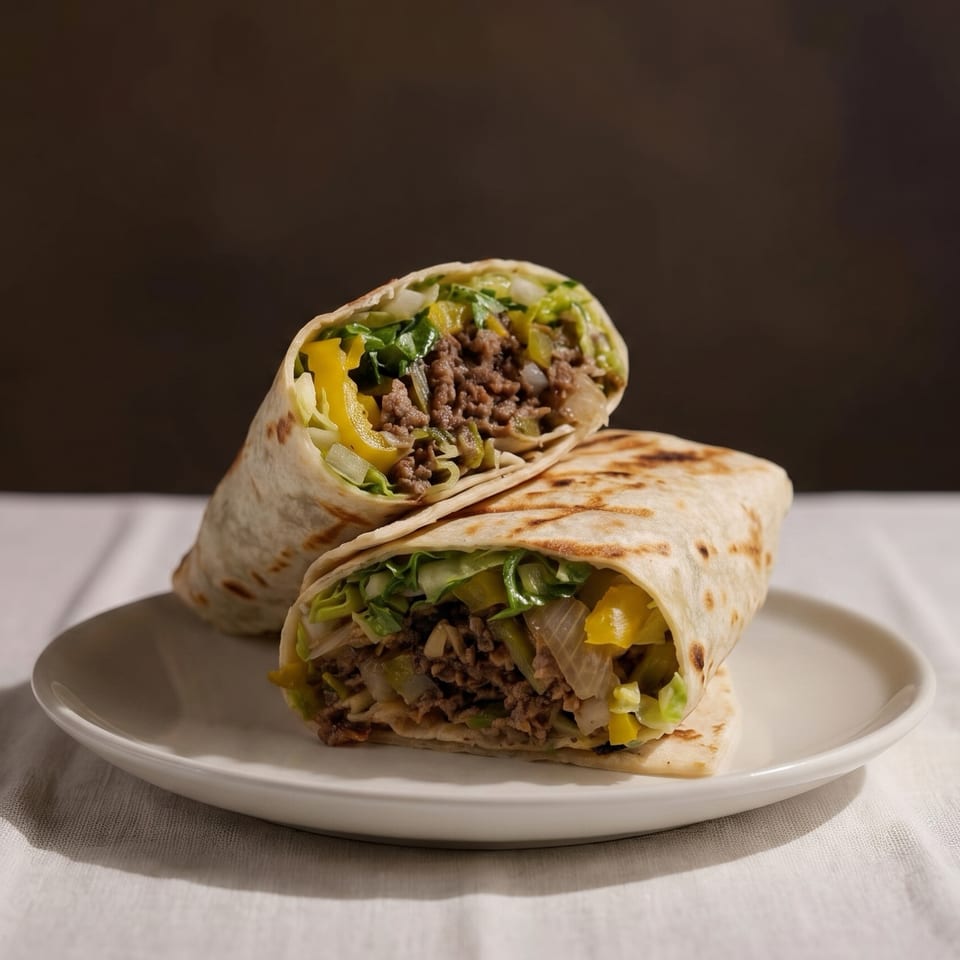 Two grilled beef burritos filled with lettuce, peppers, onions, and cheese sit on a white plate.