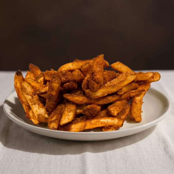 A plate piled with golden-brown seasoned fried potato wedges sits on a white tablecloth.