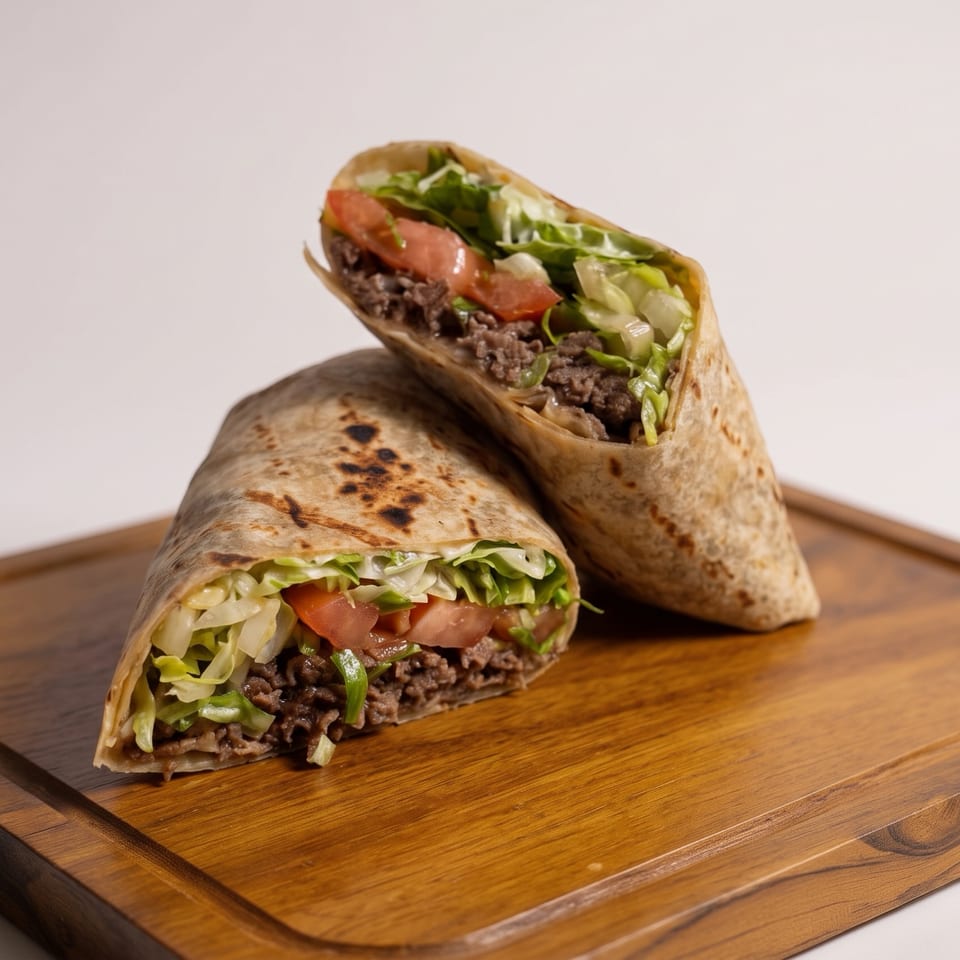 Two toasted beef wraps filled with lettuce, tomatoes, and onions, arranged on a wooden serving board.