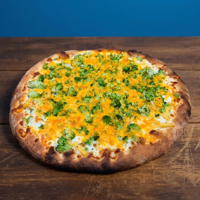 Mac & Cheese Pizza with Broccoli.