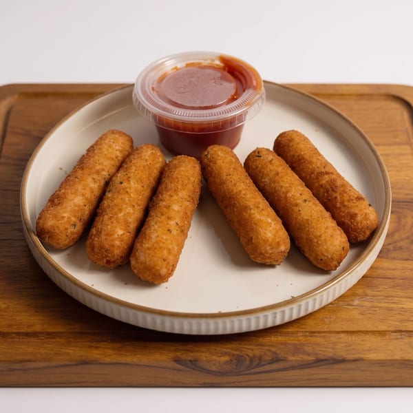 Seven golden fried snacks arranged on a ceramic plate with a container of red dipping sauce on a wooden serving tray.