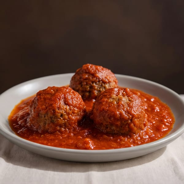 Three meatballs covered in tomato sauce, served in a white bowl on a cloth-covered table.