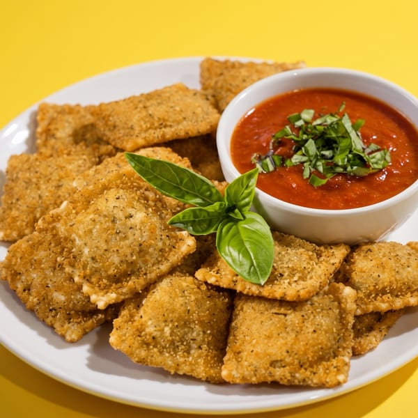 Crispy breaded ravioli served with marinara sauce and fresh basil on a white plate.