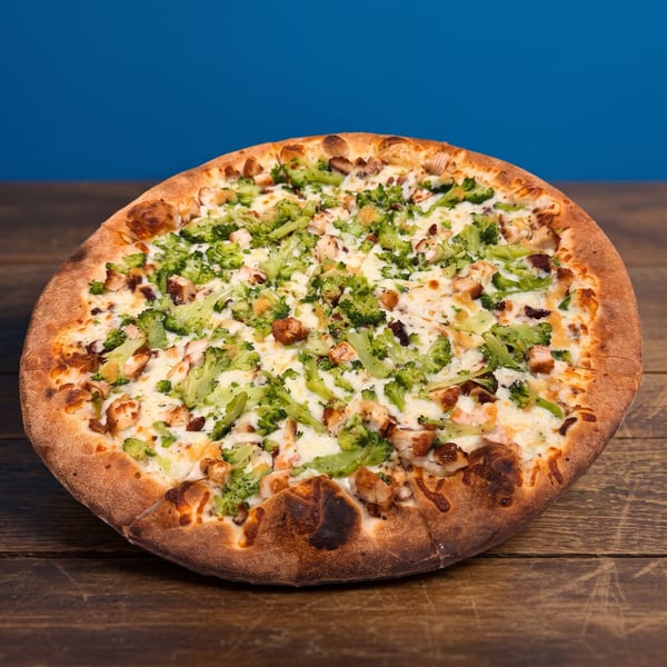 Cheesy pizza topped with broccoli, diced chicken, and bacon on a wooden table against a blue background.