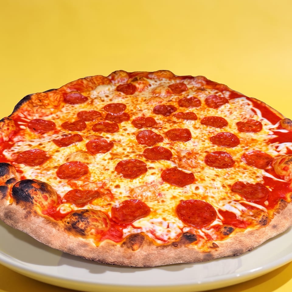 A whole pepperoni pizza with a crispy crust and melted cheese on a white plate against a yellow background.