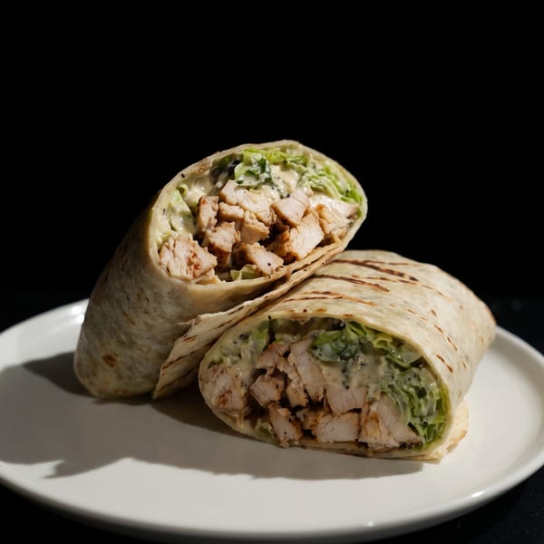 Two grilled chicken Caesar wraps, cut in half, on a white plate against a dark background.