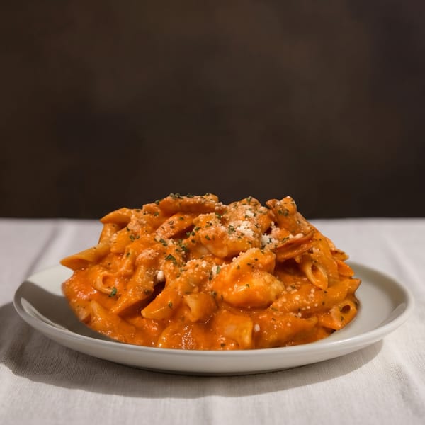 Plate of penne pasta in creamy tomato sauce, topped with grated cheese and herbs on a white tablecloth.