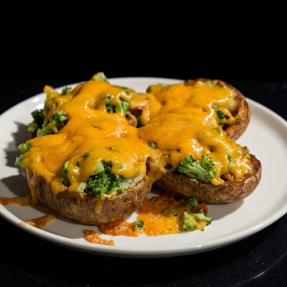 Three baked potatoes topped with broccoli and melted cheddar cheese on a white plate.