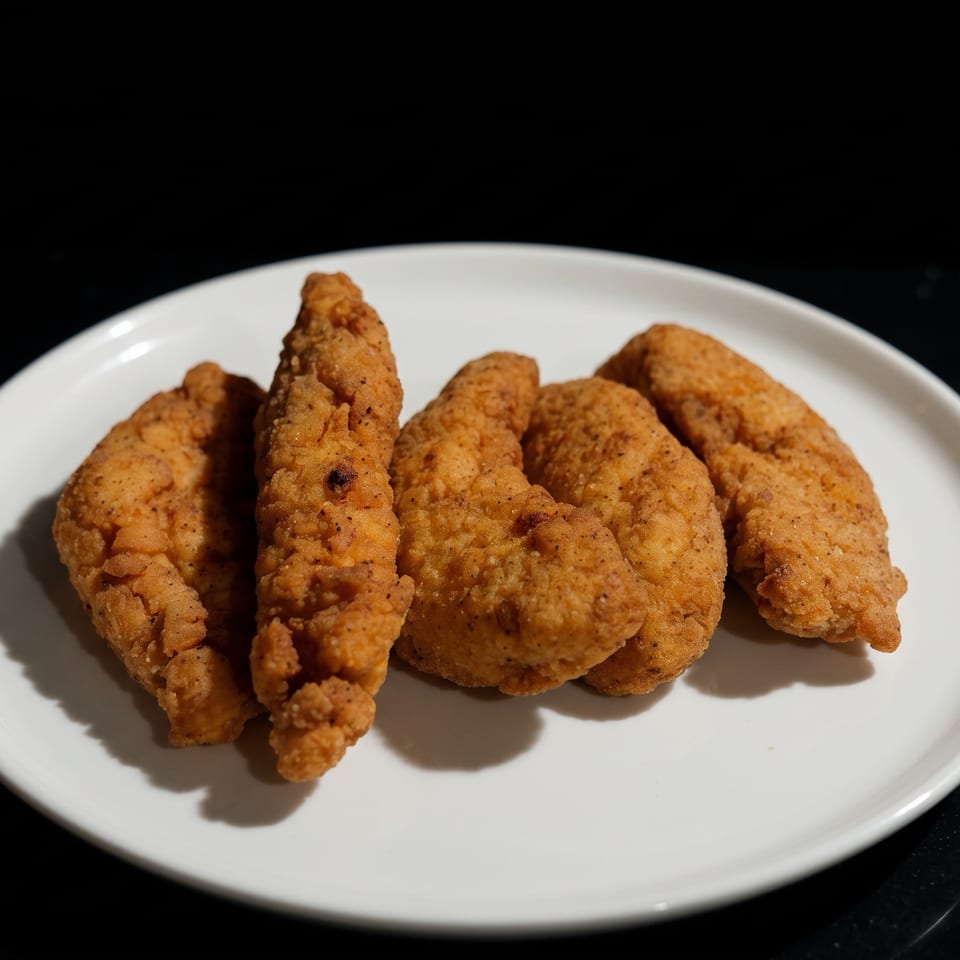 Golden-brown fried chicken tenders arranged on a white plate against a dark background.