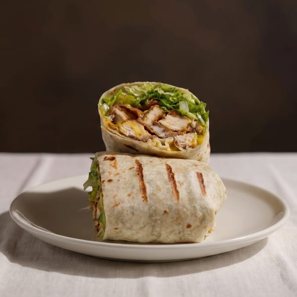 Grilled chicken wraps stacked on a white plate, with lettuce, cheese, and savory fillings visible in the cut wrap.