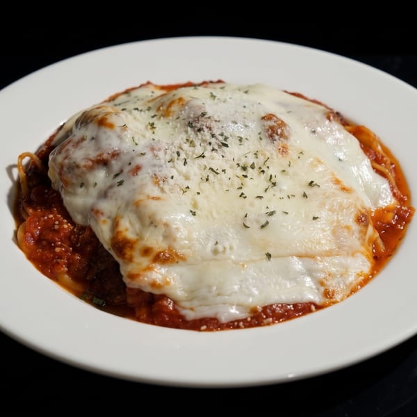 Cheesy baked lasagna topped with herbs and served in tomato sauce on a white plate.