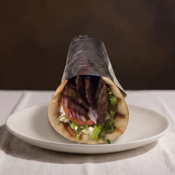 Gyro wrap filled with sliced meat, lettuce, tomato, onion, and sauce on a white plate.