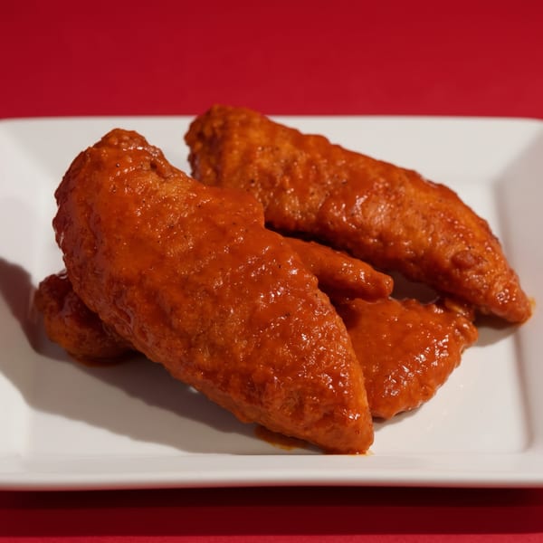 Crispy fried chicken wings coated in glossy orange sauce, arranged on a white square plate against a red background.