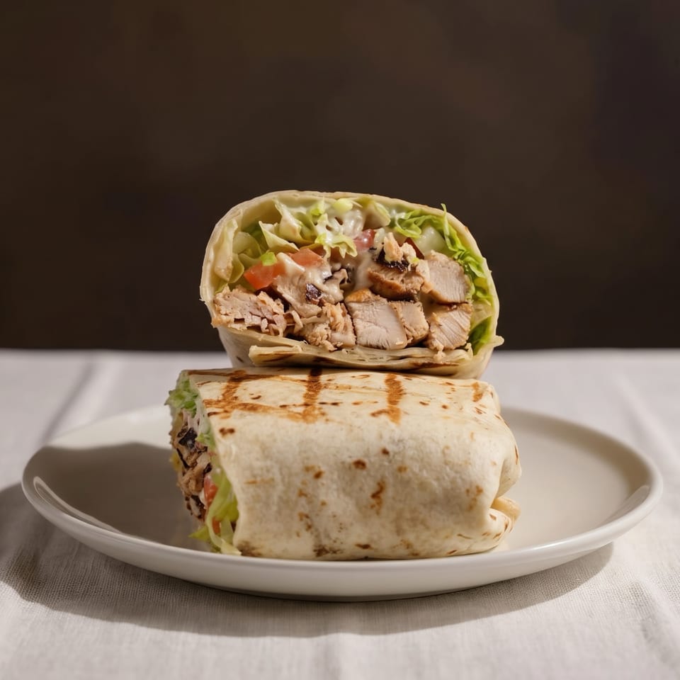 Grilled chicken wraps filled with lettuce, tomatoes, cucumber, and creamy sauce, stacked on a white plate.
