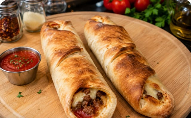 Sausage, Pepperoni & Mozzarella Stromboli.