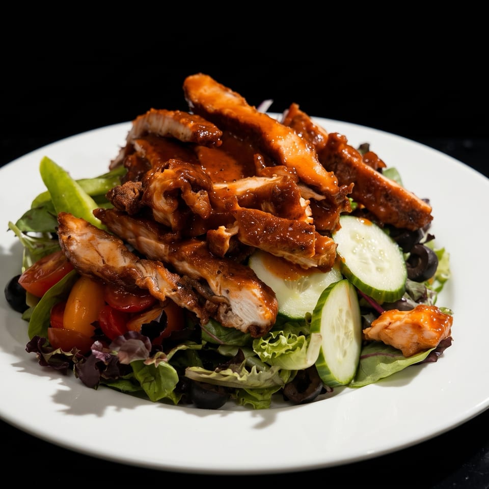 Grilled chicken strips coated in barbecue sauce atop mixed greens, cucumber, tomatoes, peppers, and olives on a white plate.
