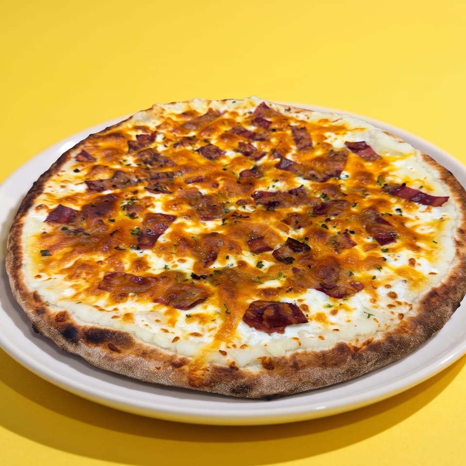 A golden-crusted pizza with white sauce, melted cheese, and bacon bits on a white plate.