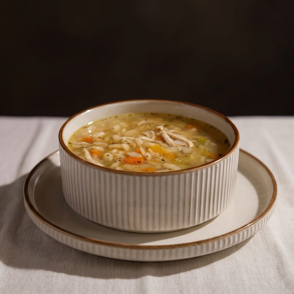 Bowl of chicken noodle soup with vegetables on a ridged plate atop a white tablecloth.