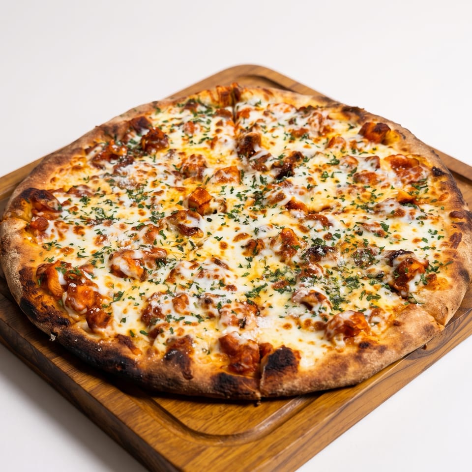 Cheesy round pizza topped with roasted vegetables and herbs, served on a wooden board.