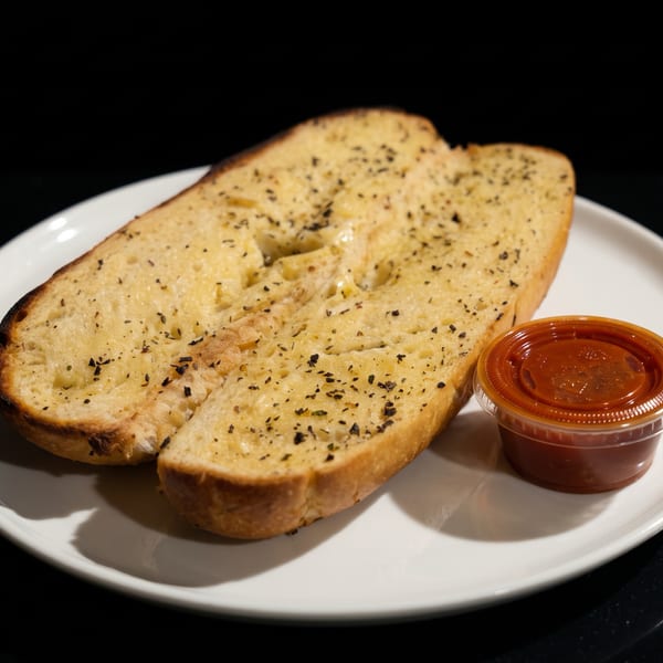 Two slices of toasted garlic bread with herbs and a side of marinara sauce on a white plate.