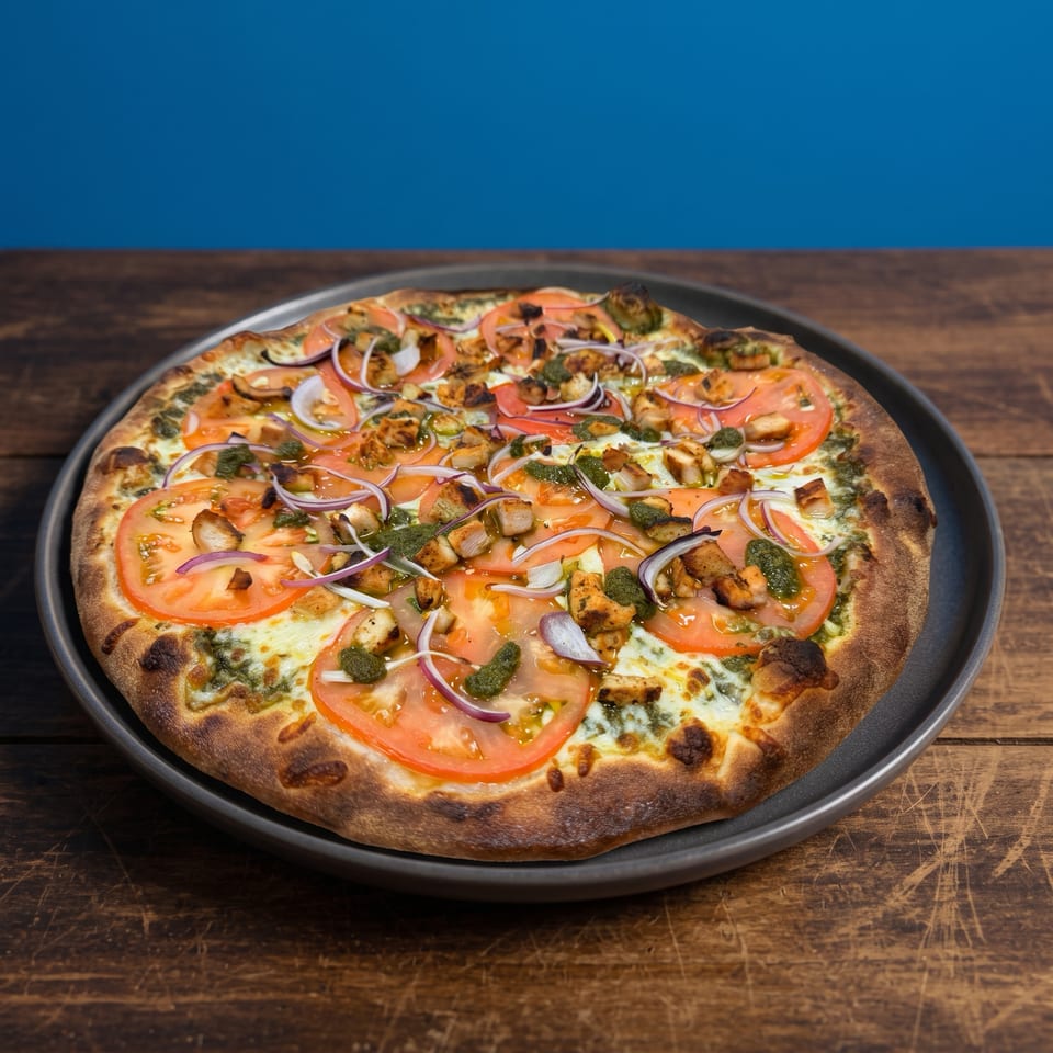 A whole pizza with chicken, tomatoes, red onions, and pesto on a dark plate.