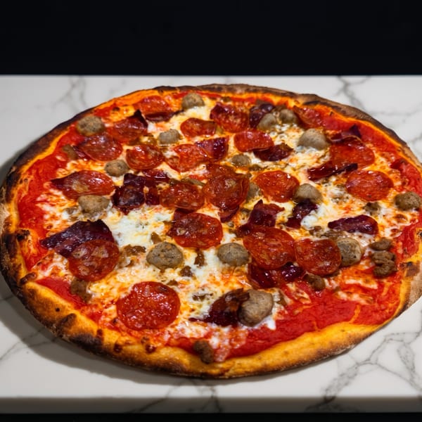A whole pepperoni, sausage, and bacon pizza on a white marble slab.