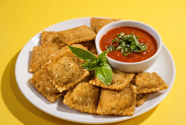 Fried Cheese Ravioli with Sauce.