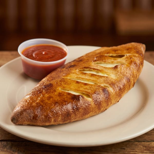 Golden-brown calzone with visible cheese filling, served on a white plate with a side of red sauce.