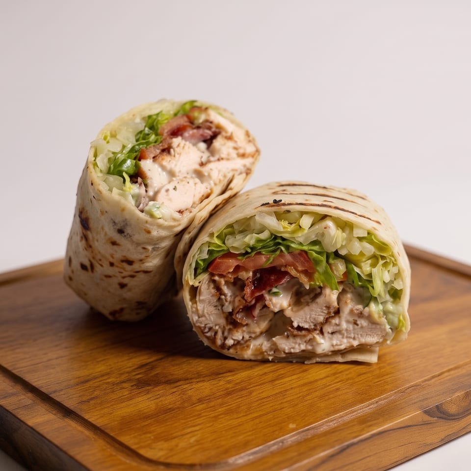 Two grilled chicken wraps cut open to show lettuce, tomato, bacon, and creamy sauce on a wooden serving board.