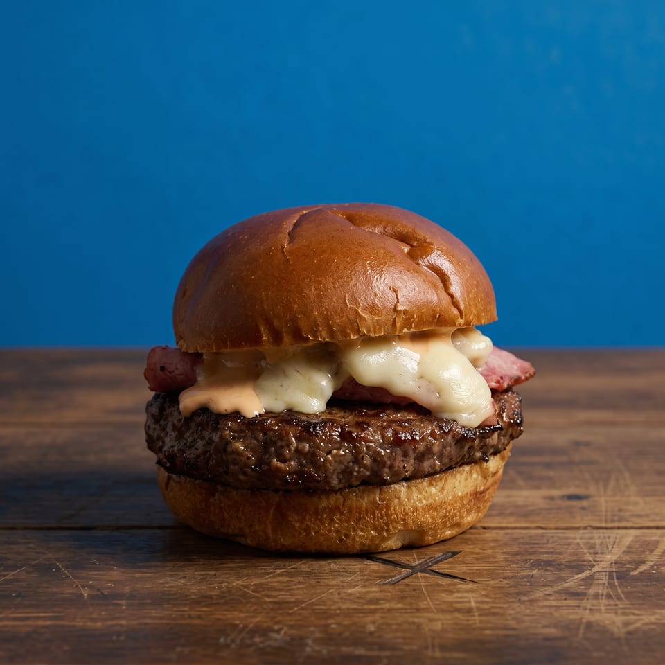Juicy cheeseburger with a glossy brioche bun, bacon, and melted cheese on a wooden table against a blue background.