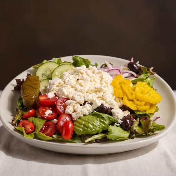 A vibrant Greek salad with feta, tomatoes, cucumbers, olives, and peppers on a white plate.