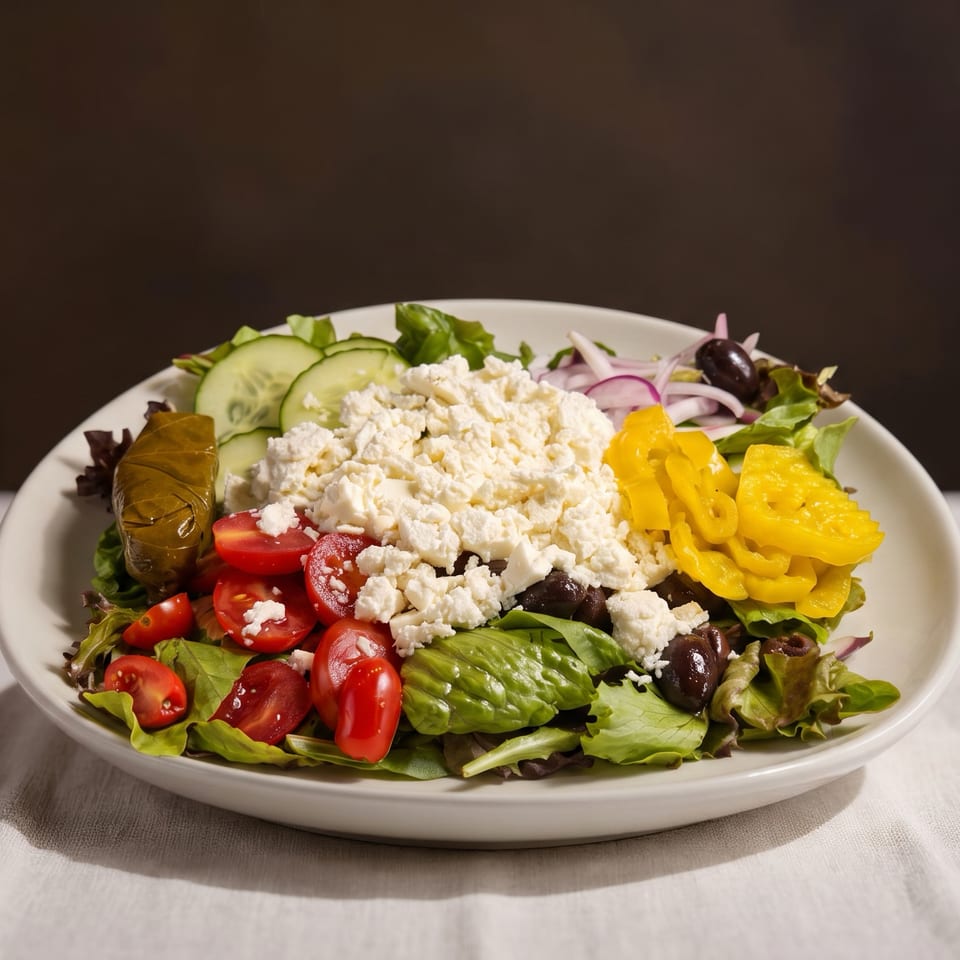 A vibrant Greek salad with feta, tomatoes, cucumbers, olives, and peppers on a white plate.