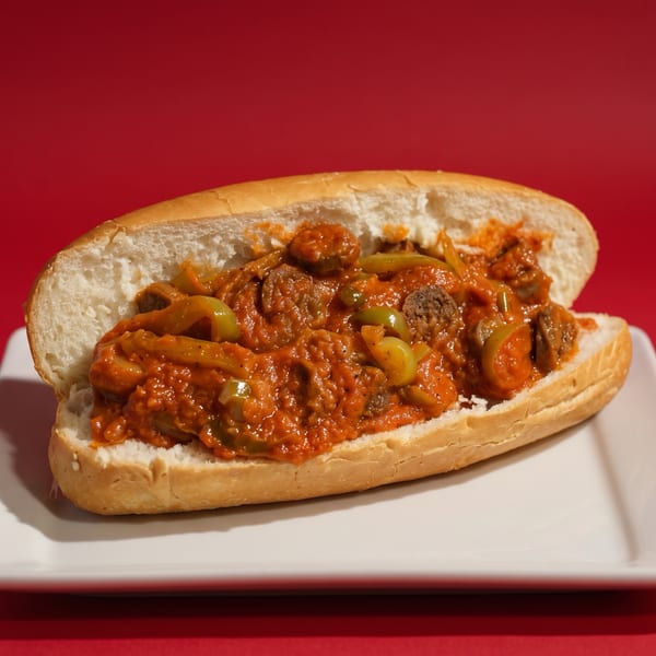 Meatball sub with red sauce and green peppers on a white plate against a red background.