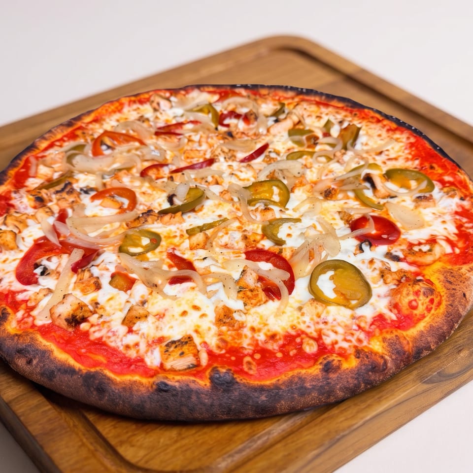 Large wood-fired pizza topped with melted cheese, grilled chicken, onions, peppers, tomatoes, and jalapeños on a wooden board.