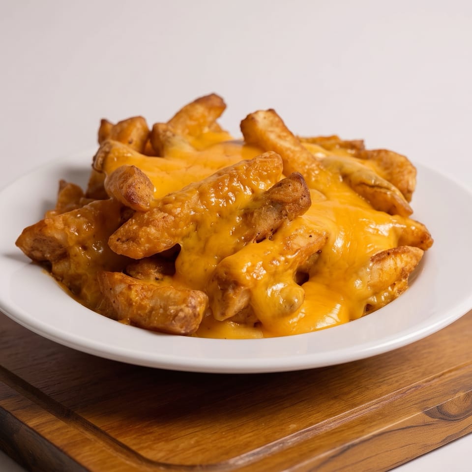 Crispy golden fries smothered in melted cheddar cheese on a white plate atop a wooden serving board.