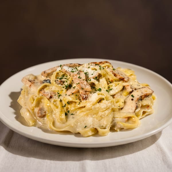 Creamy fettuccine alfredo with grilled chicken, parmesan, and parsley on a white plate.