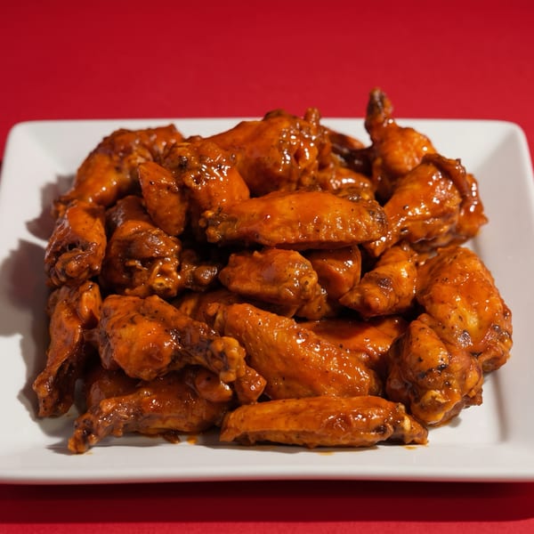 A white rectangular plate piled high with glistening, saucy chicken wings on a red background.
