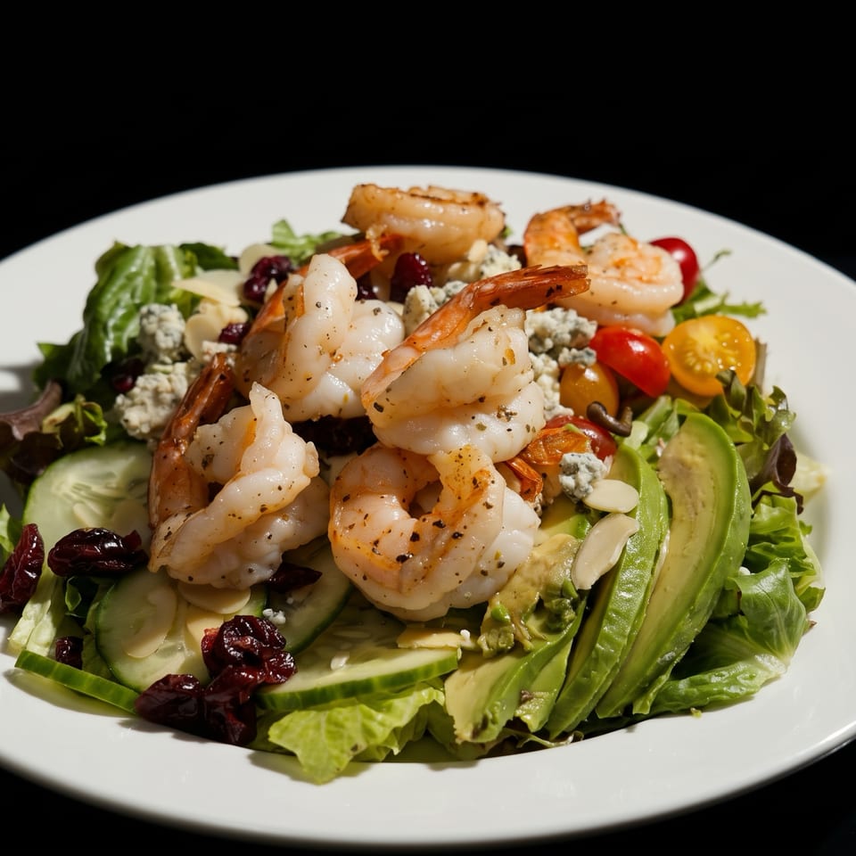 Grilled shrimp salad with mixed greens, avocado, cucumber, tomatoes, dried cranberries, almonds, and blue cheese on a white plate.