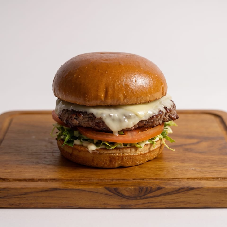 Cheeseburger with a glossy brioche bun, lettuce, tomato, sauce, and melted cheese on a wooden serving board.