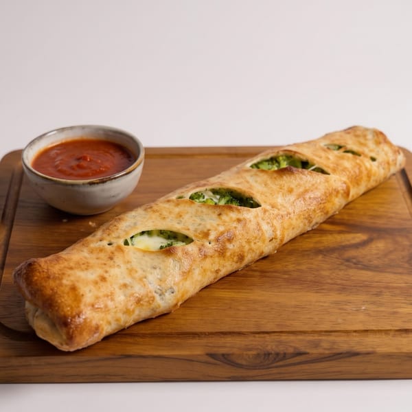 Golden-brown stuffed flatbread with broccoli and cheese, served with tomato dipping sauce on a wooden board.